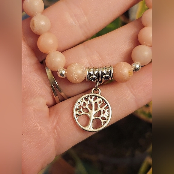 8mm Pink Opal Tree of Life Charm Beaded Crystal Stretch Bracelet - Picture 2 of 3